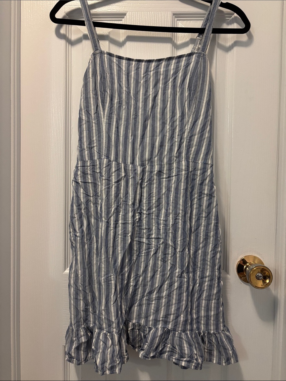 Striped Blue and White Ruffle-Hem Midi Dress